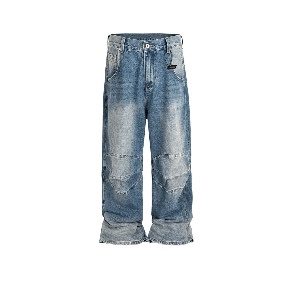 Men's washed white-blue baggy jeans with straight leg and zip fly on hanger