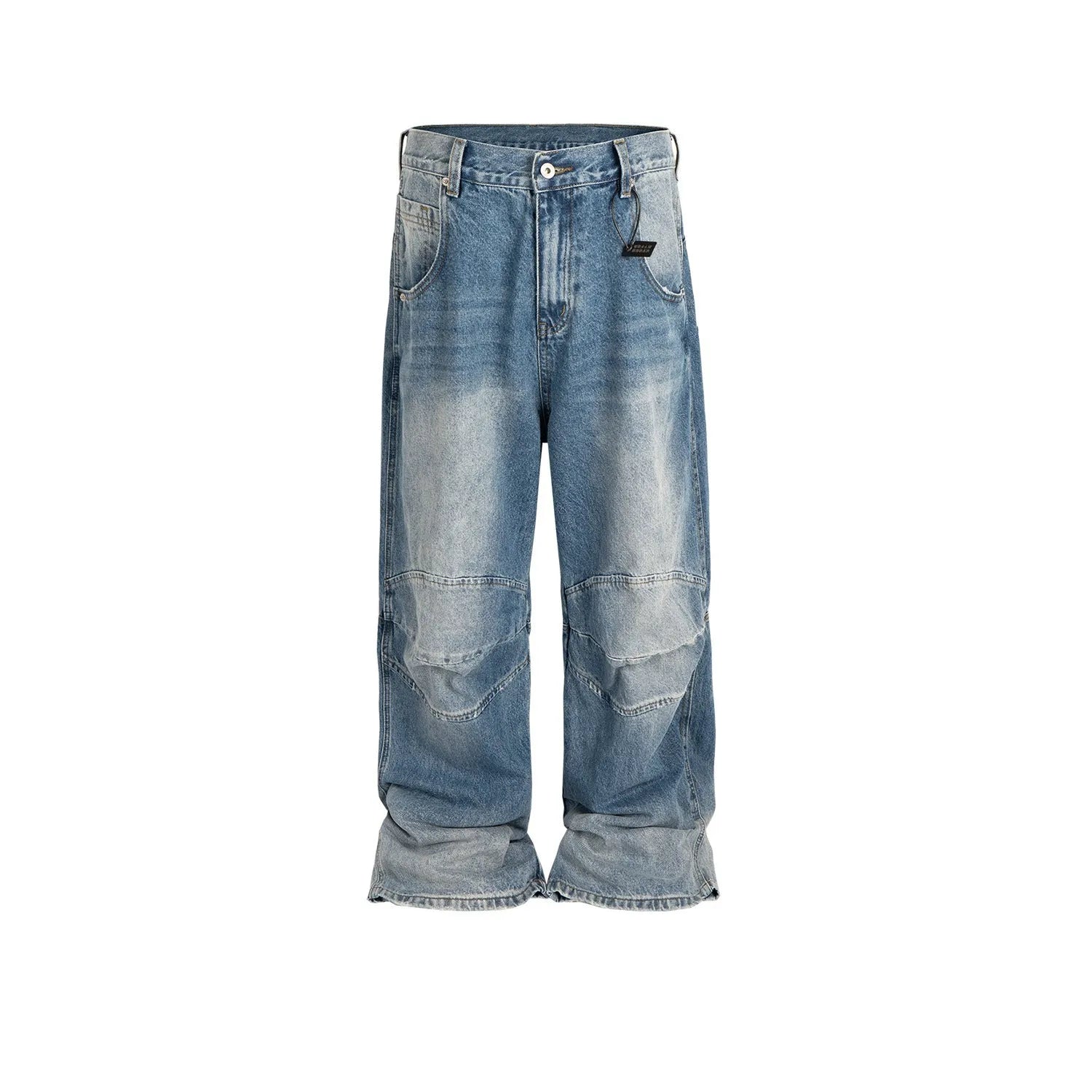 Men's washed white-blue baggy jeans with straight leg and zip fly on hanger