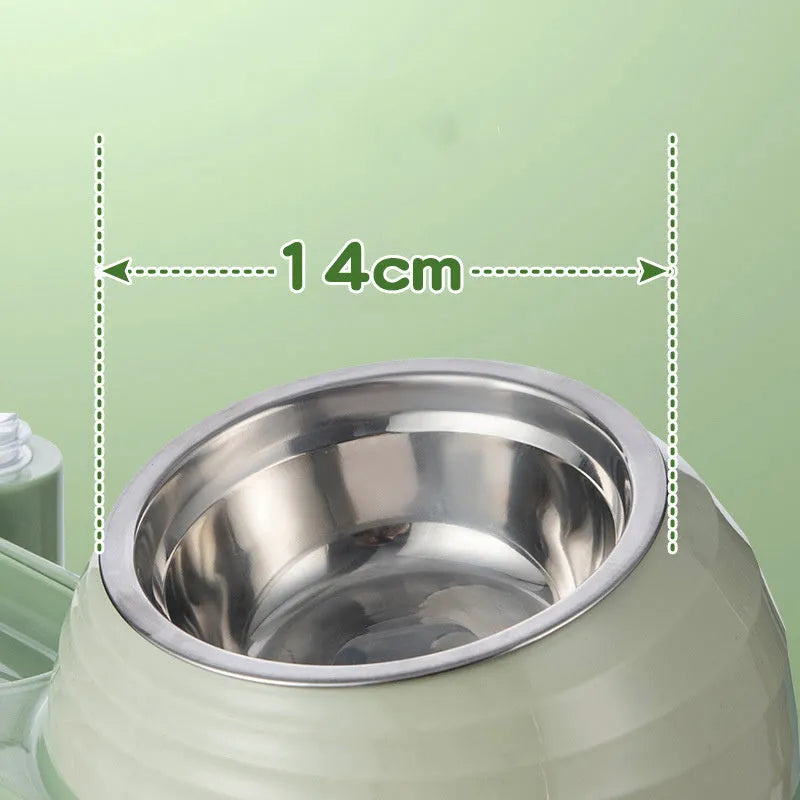 Brown elevated cat bowl with attached water bottle dispenser on a white background