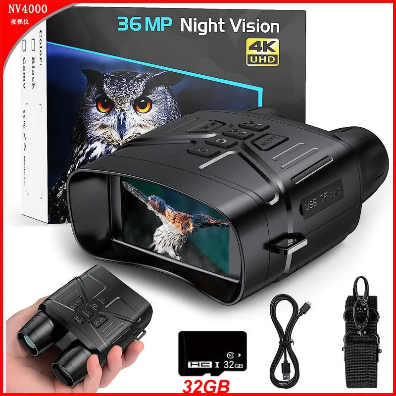 Black night vision instrument with lens and display screen showing 4K night vision capability.