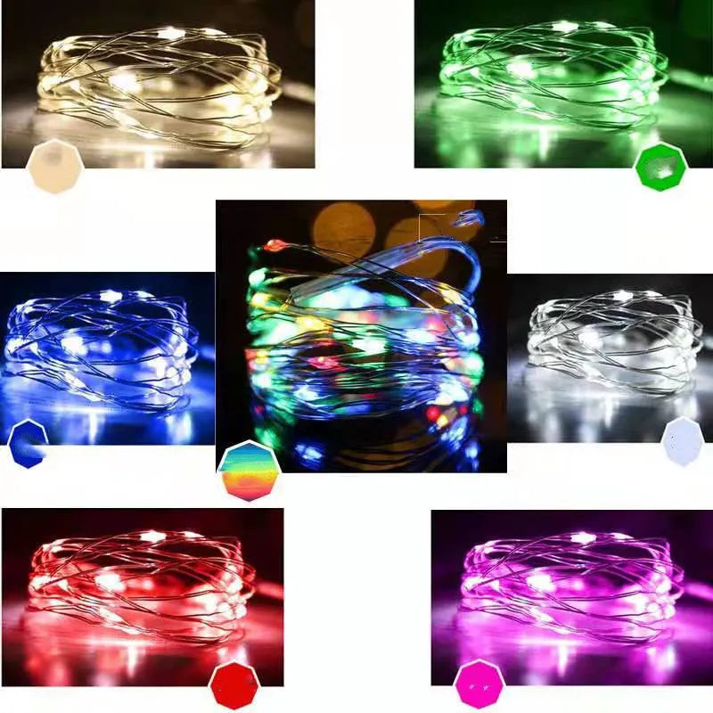 12-metre long copper wire LED string light with 120 small lamps, showing multiple colour options.
