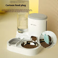 Automatic cat water fountain with two integrated stainless steel food bowls in avocado green colour.