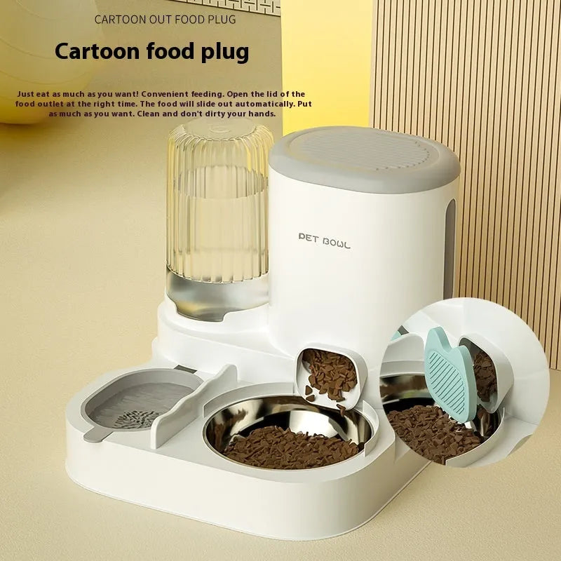 Automatic cat water fountain with two integrated stainless steel food bowls in avocado green colour.