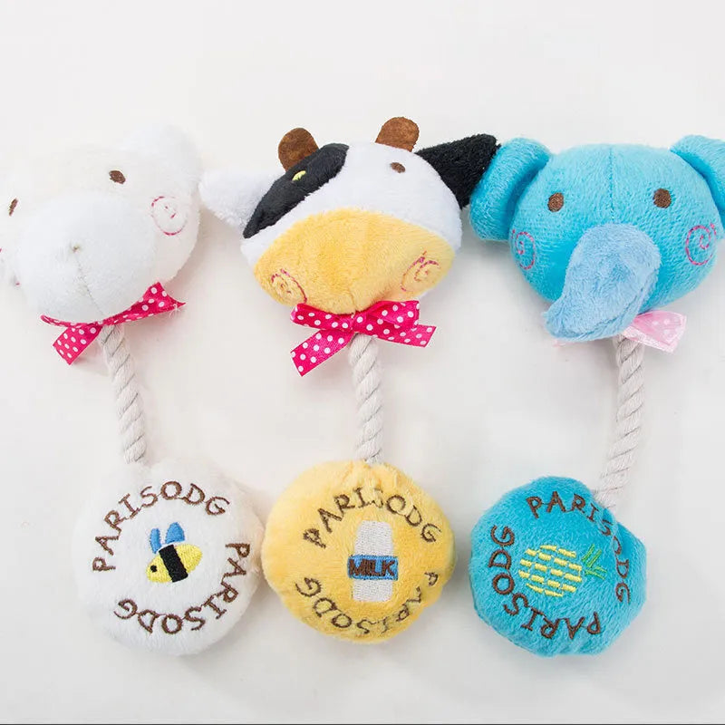 Dog plush toy with squeaker and cotton rope in animal designs including frog, elephant, cow, and bear