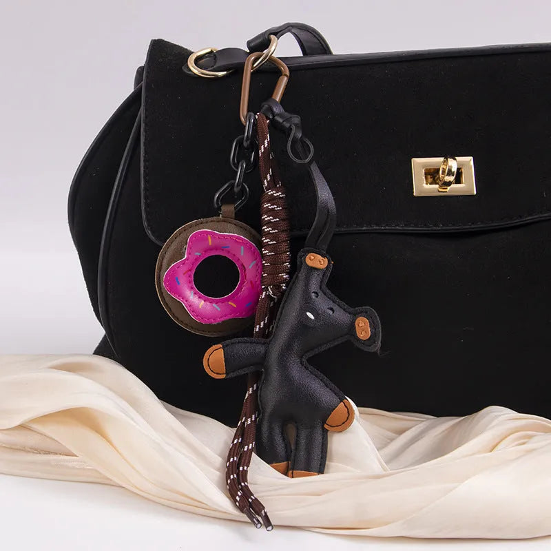 PU leather bear donut keychain in brown with semi-handmade finish and bag clip attachment