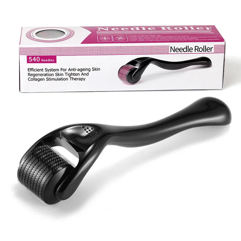 Black and purple titanium derma roller with 540 needles for face, hair and body.