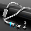 Magnetic smartphone charging cable with LED breathing light, showing black and gold colour options.