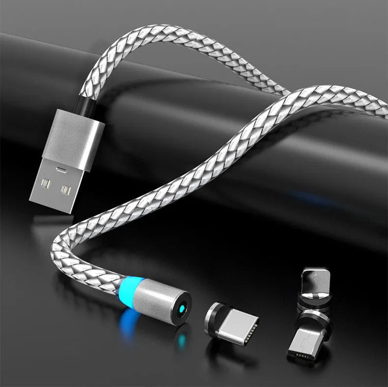 Magnetic smartphone charging cable with LED breathing light, showing black and gold colour options.