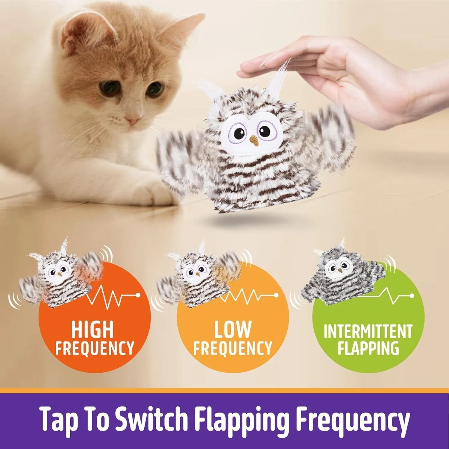 Grey owl-shaped automatic cat toy with flapping wings on flat surface
