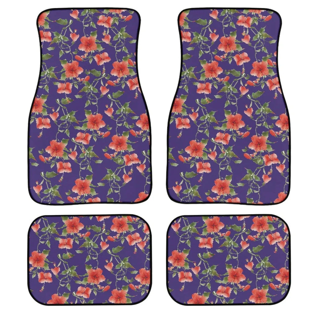Black printed rubber car foot mat set showing textured surface and raised edges.