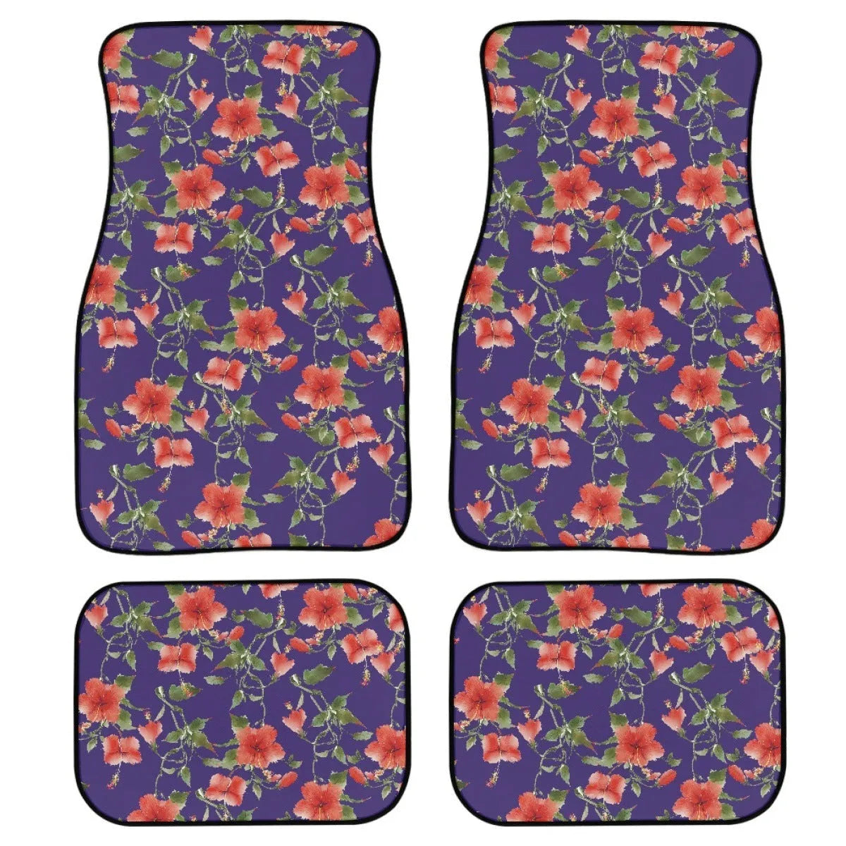 Black printed rubber car foot mat set showing textured surface and raised edges.