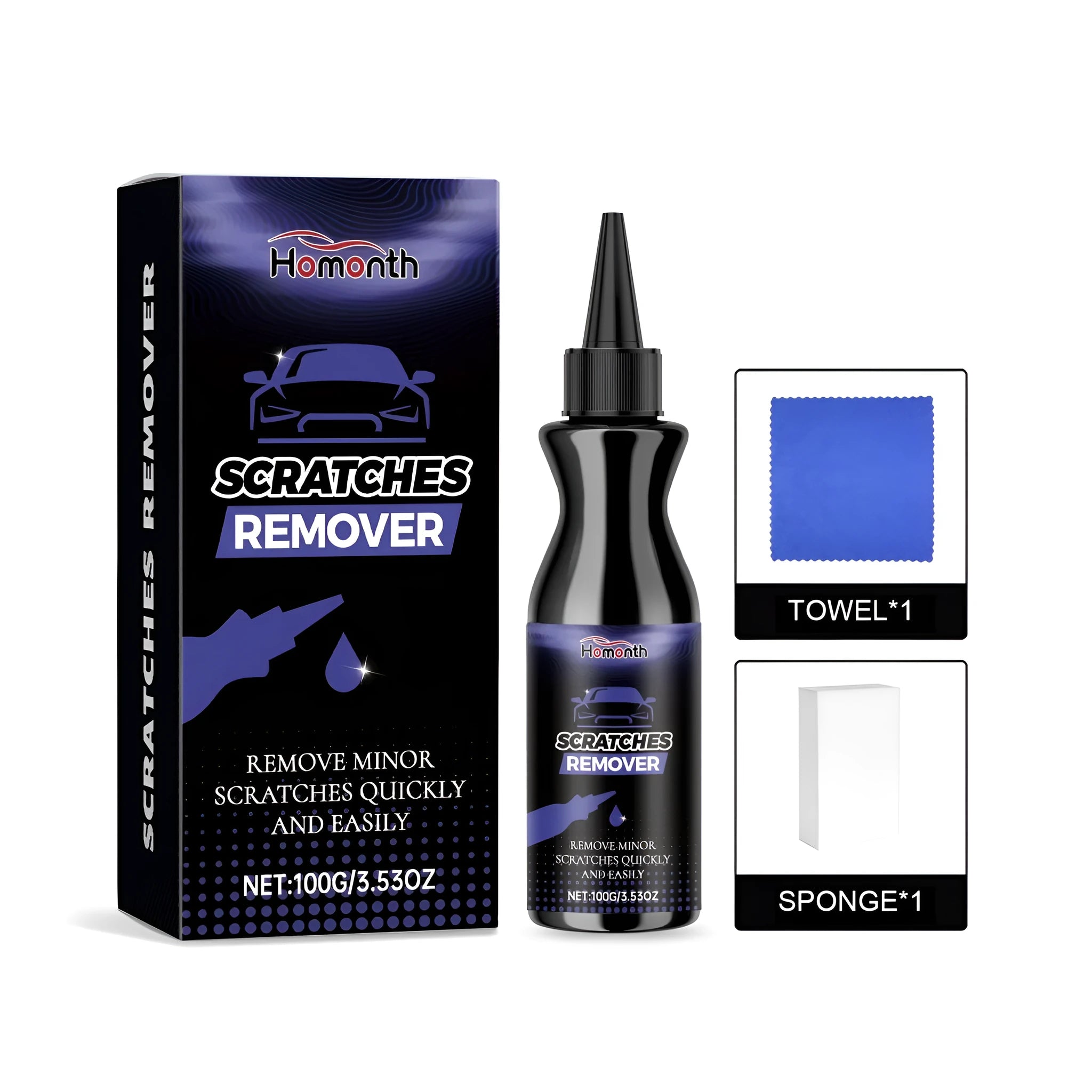 100g tube of car scratch paste, sponge, and towel in a scratch care repair kit.