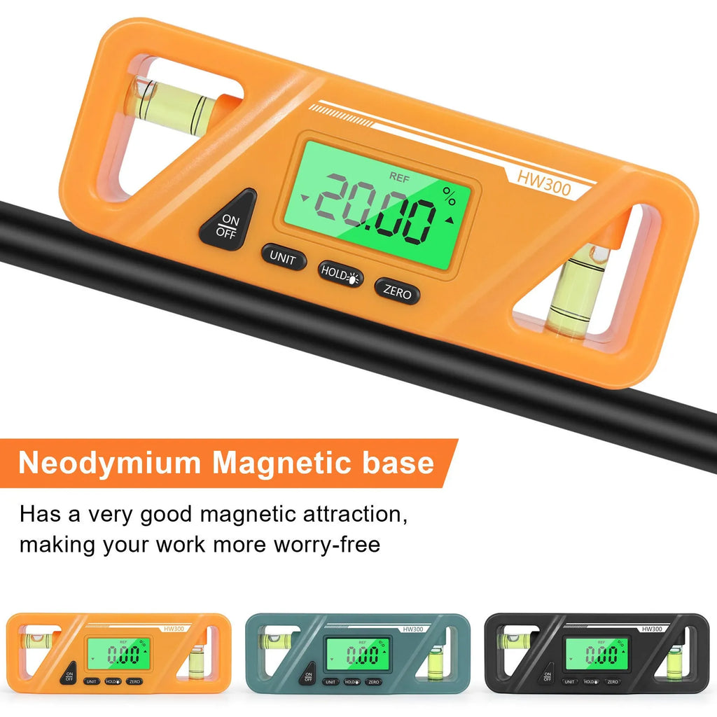 Black digital angle gauge with LCD display and magnetic base, showing 45-degree reading.