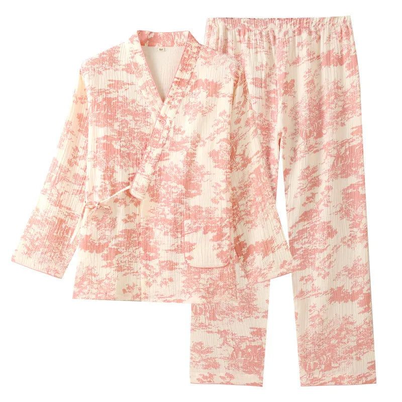 Women's pink pure cotton gauze lounge suit with lace-up detail and long sleeves, shown with matching trousers
