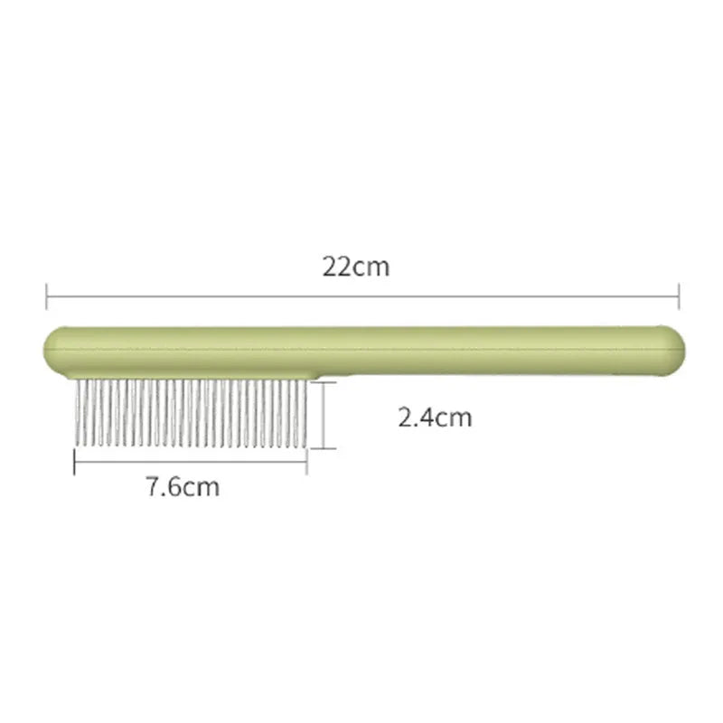 Green and white stainless steel cat comb with rounded teeth for grooming and flea removal