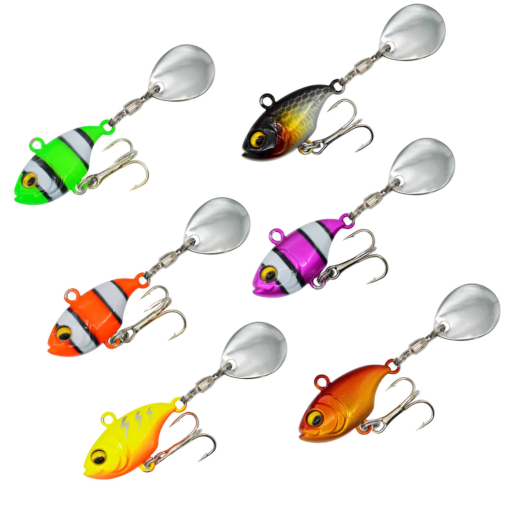 Metal sea fishing lure with rotating sequins in six colour patterns for saltwater gamefish