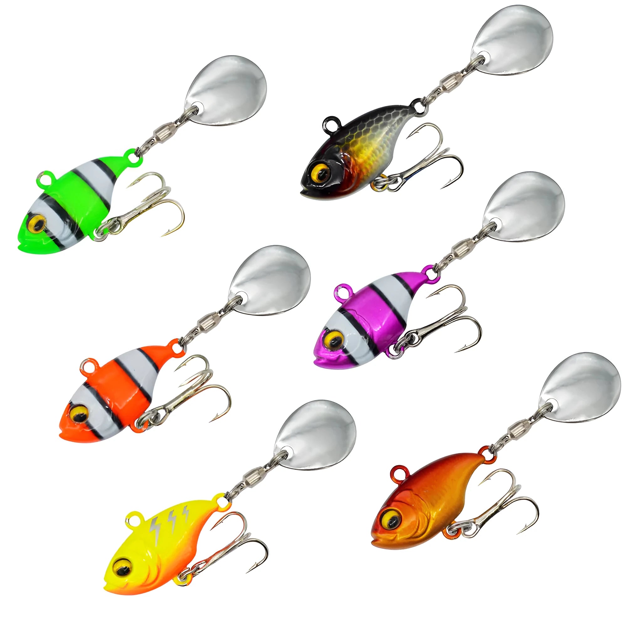 Metal sea fishing lure with rotating sequins in six colour patterns for saltwater gamefish