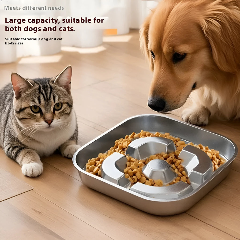 Square stainless steel slow feeding bowl with bone-shaped pattern for dogs and cats