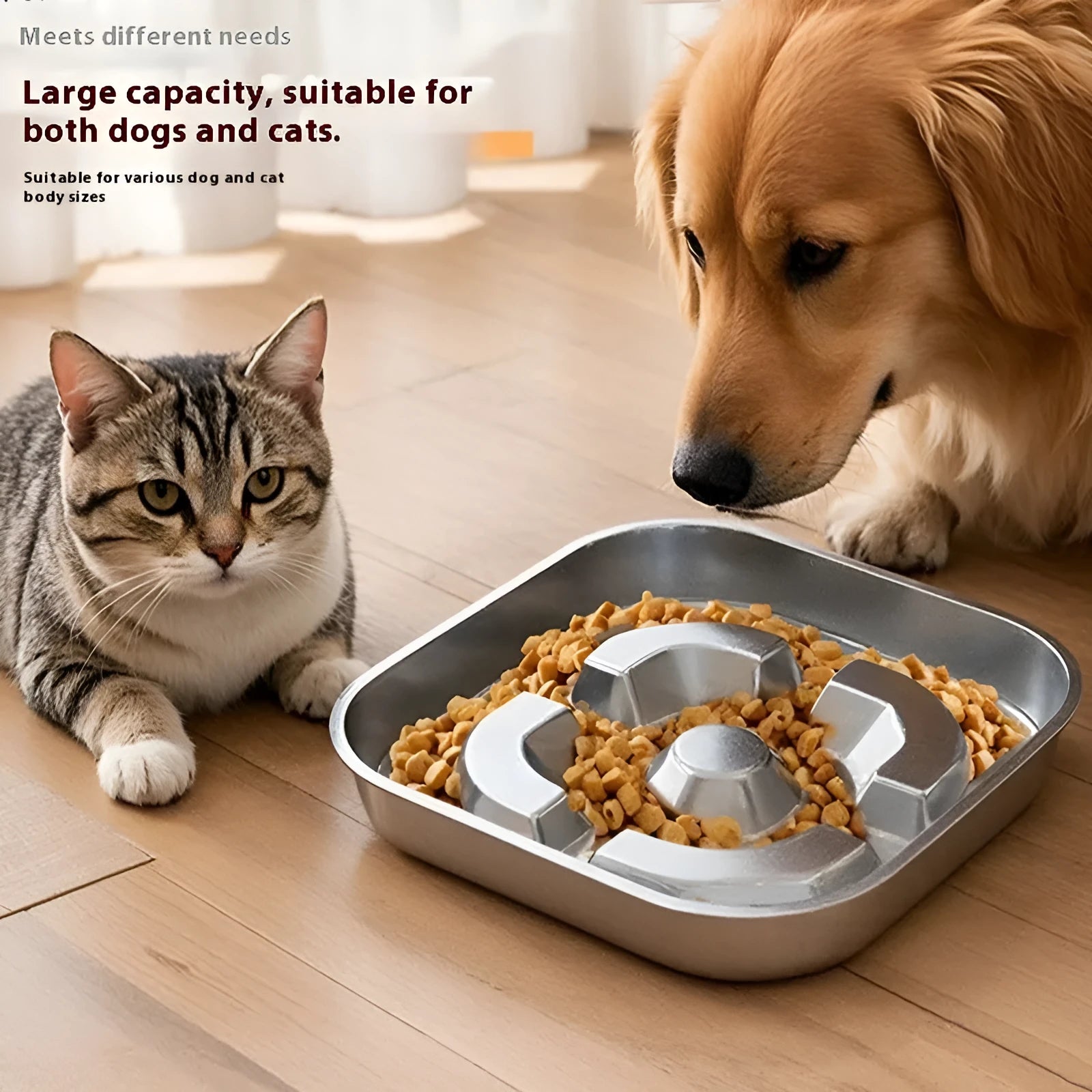 Square stainless steel slow feeding bowl with bone-shaped pattern for dogs and cats