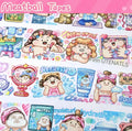 Sheet of cute cartoon character stickers on Japanese paper for packaging and crafts