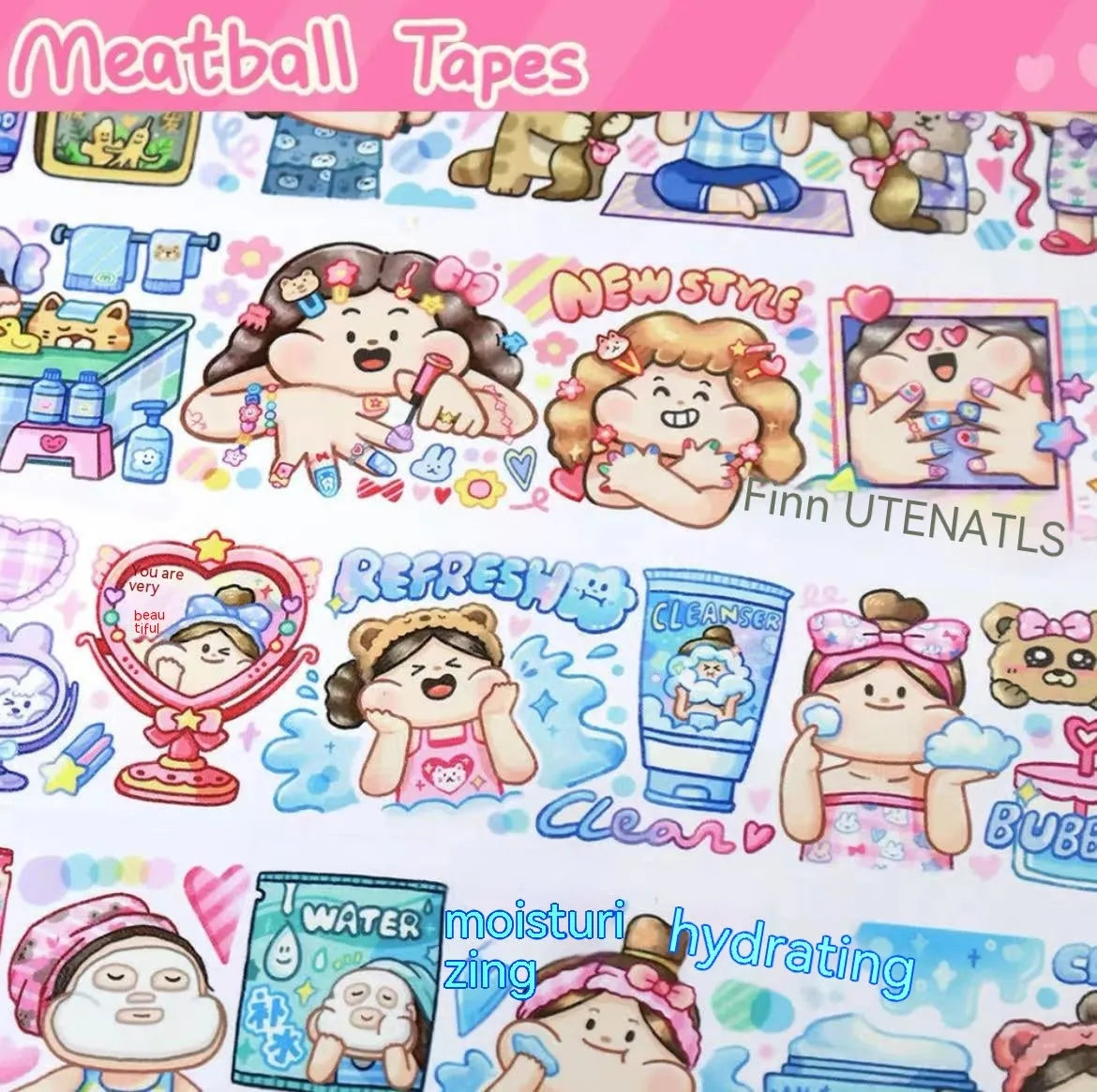 Sheet of cute cartoon character stickers on Japanese paper for packaging and crafts