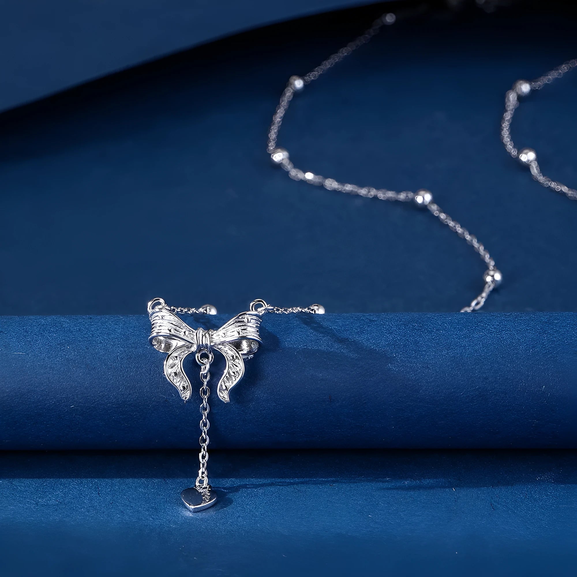 S925 silver necklace with butterfly heart pendant on O-ring chain, adjustable 40-45cm