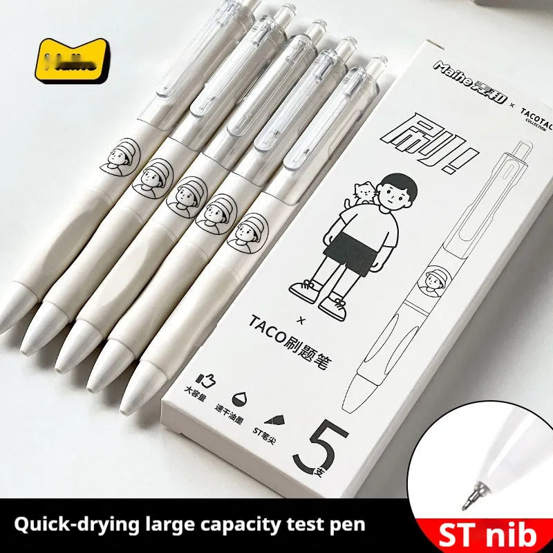 Five neutral black gel pens with 0.5mm black refills for student exams and professional writing