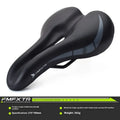 Bicycle saddle cushion with hollow pattern, showing PU leather surface and attached L clamp ring.