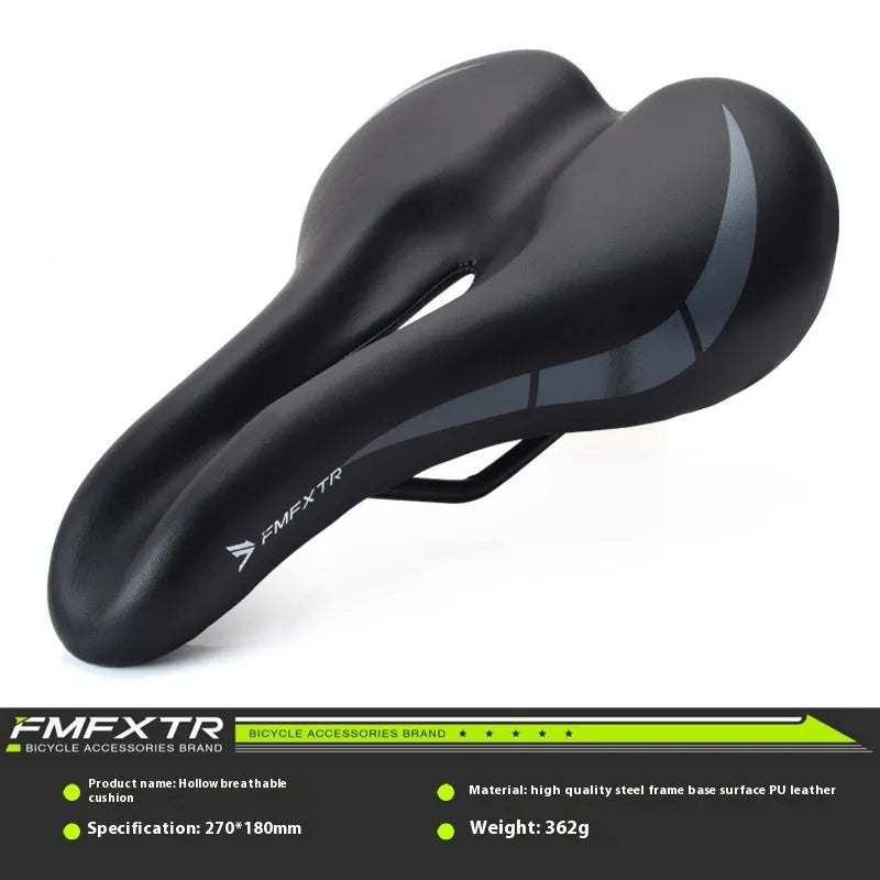 Bicycle saddle cushion with hollow pattern, showing PU leather surface and attached L clamp ring.