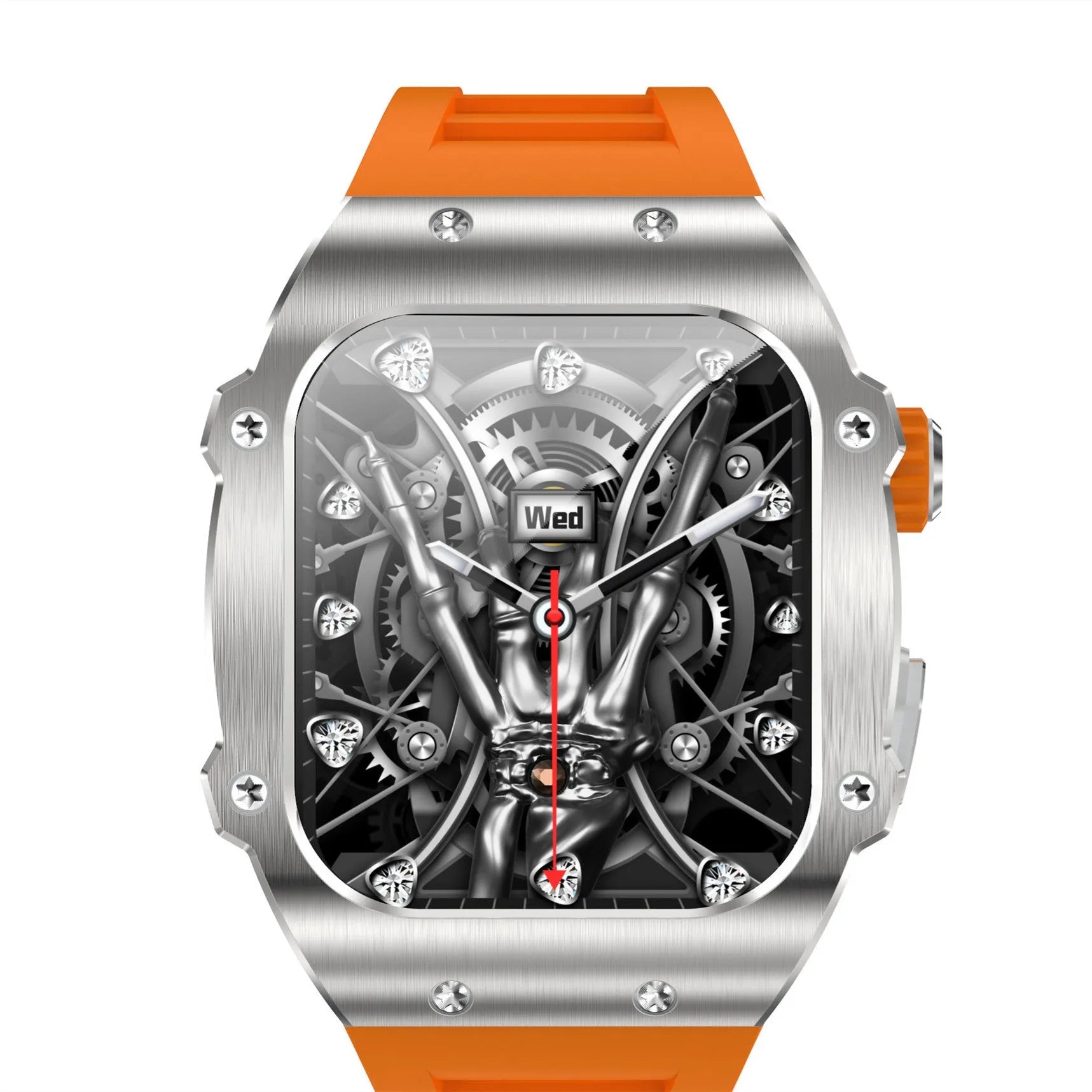 Men's smart watch with 1.91 inch IPS screen showing heart rate monitoring in white frame with black strap