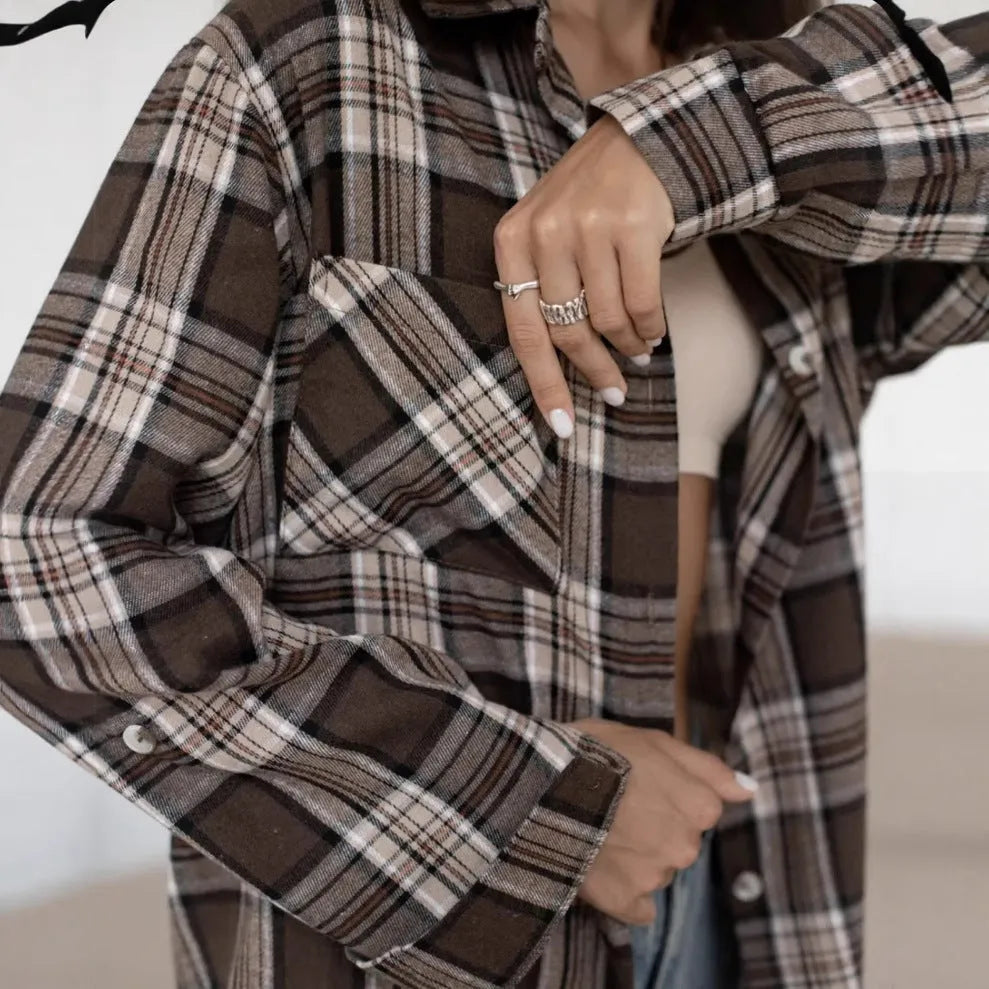 Women's dark brown striped long sleeve shirt with retro styling and optional pocket