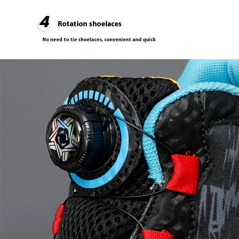 Children's rotating button basketball shoes in multiple colours with synthetic leather upper and PU sole.