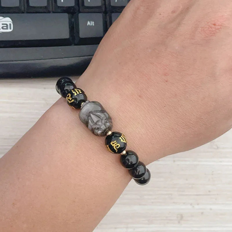 Natural silver stone men's bracelet with zodiac symbols and proverb beads