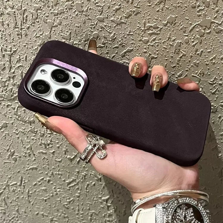 Magnetic leather drop-resistant flannel phone case in silver grey for iPhone.