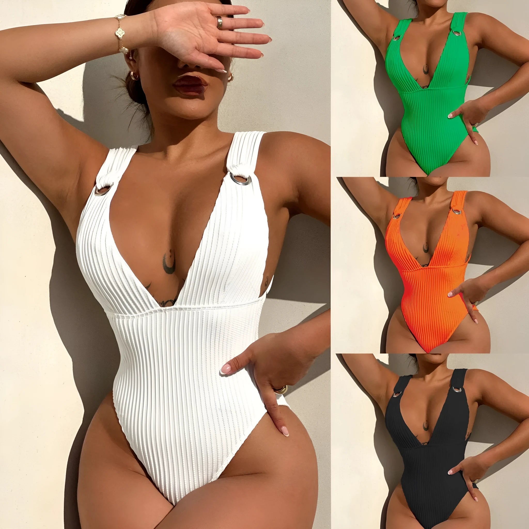 A solid colour one-piece swimsuit for women with a v-neck and adjustable side ties, shown in black.