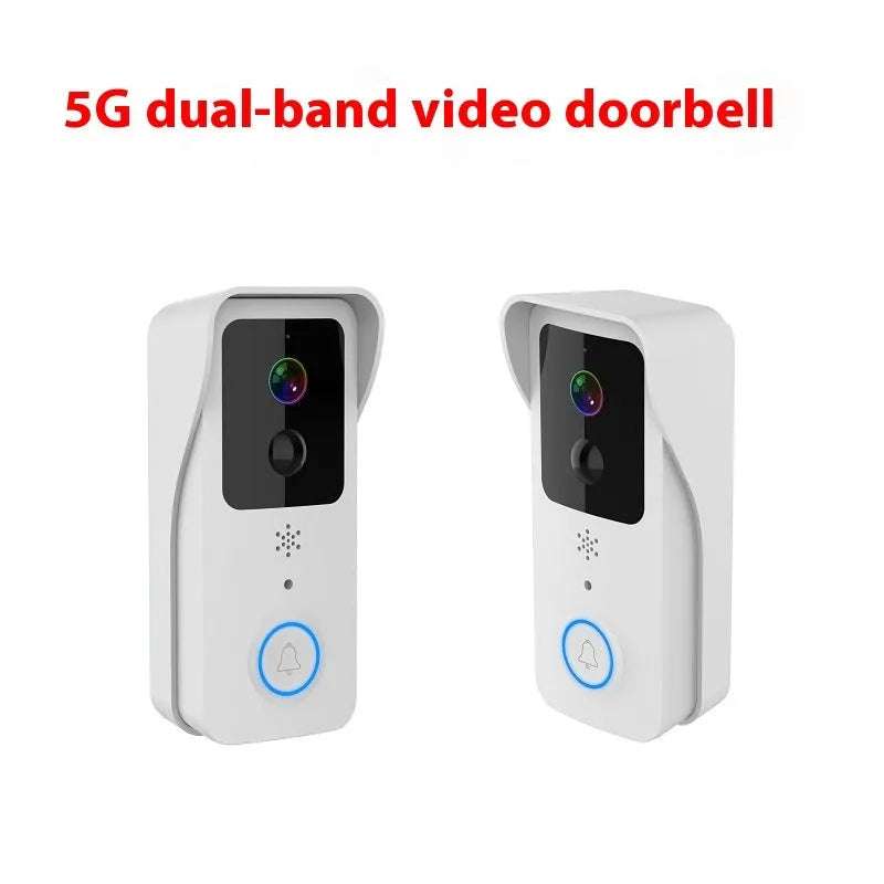 Smart home waterproof visual doorbell with camera and 18650 battery, shown in black and white doodle board designs.