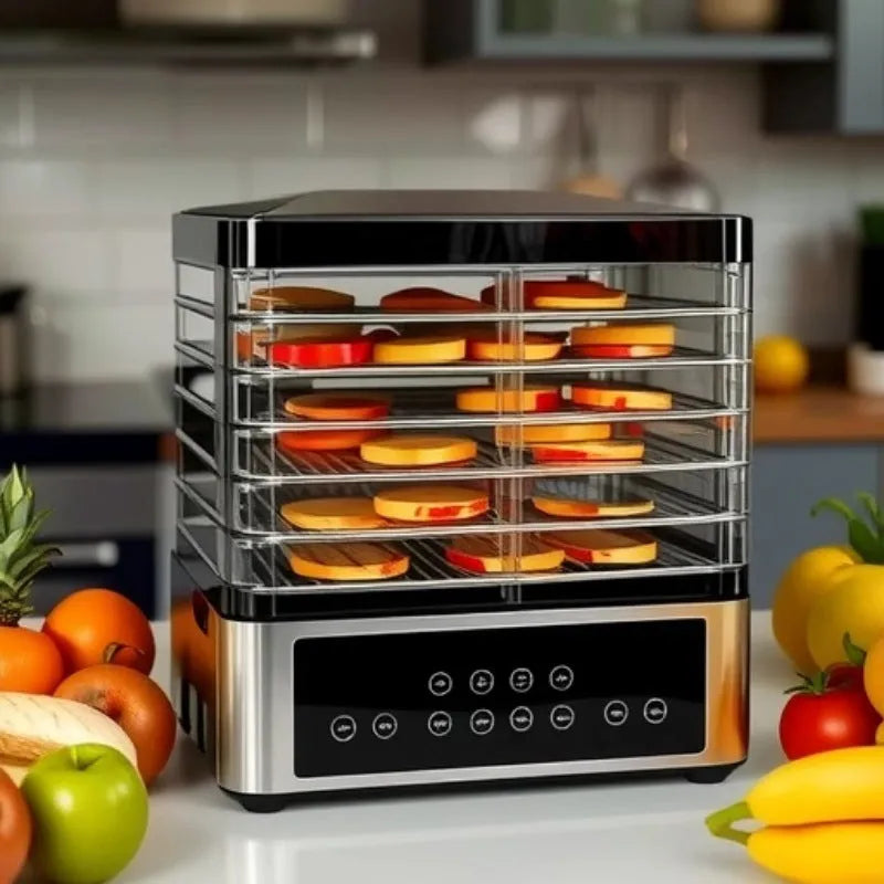 Silver stainless steel fruit dehydrator with digital display and multiple drying trays