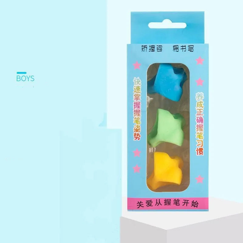 Children's writing corrector pen holder orthosis in dolphin or mixed colour designs for learning pencil grip.