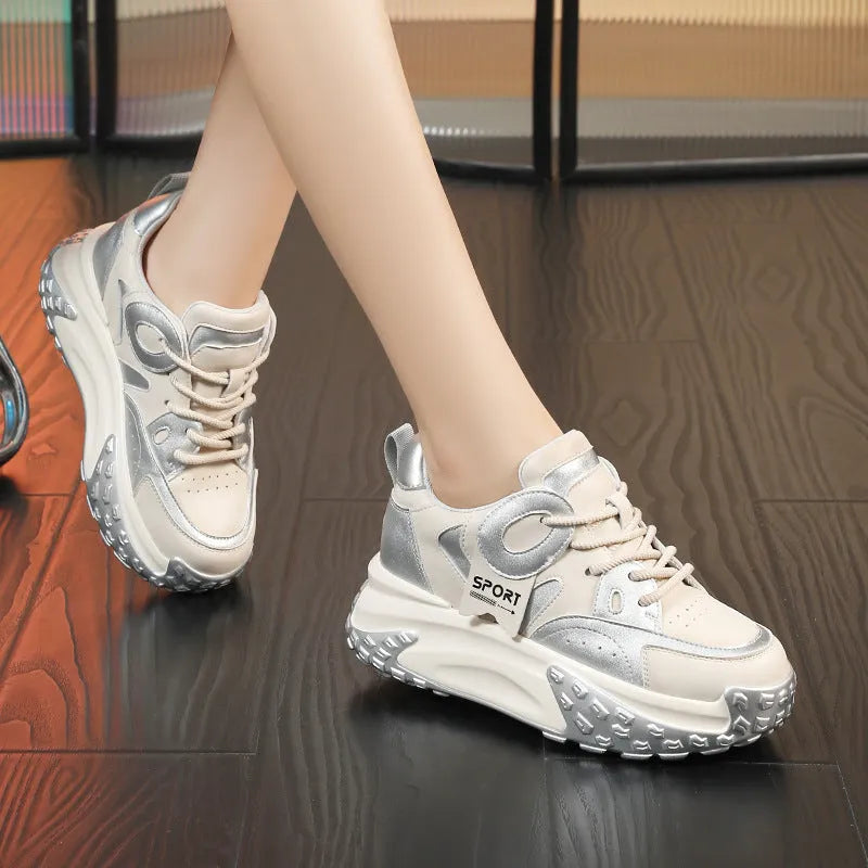 Leather thick-sole wedge heel casual shoes in a choice of colours with front lace-up fastening.