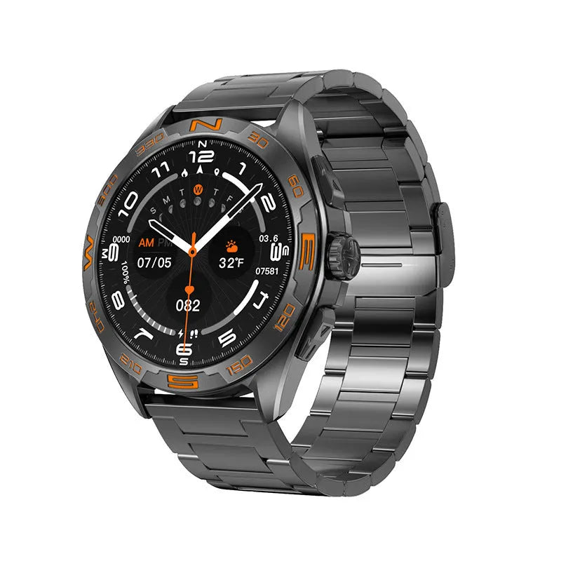Men's black smartwatch displaying health stats on its screen, showing heart rate and blood oxygen readings.