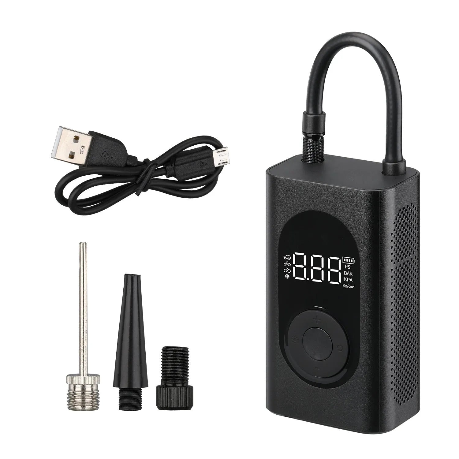Compact black handheld wireless tyre inflator with digital display, attached air hose, and USB cable.
