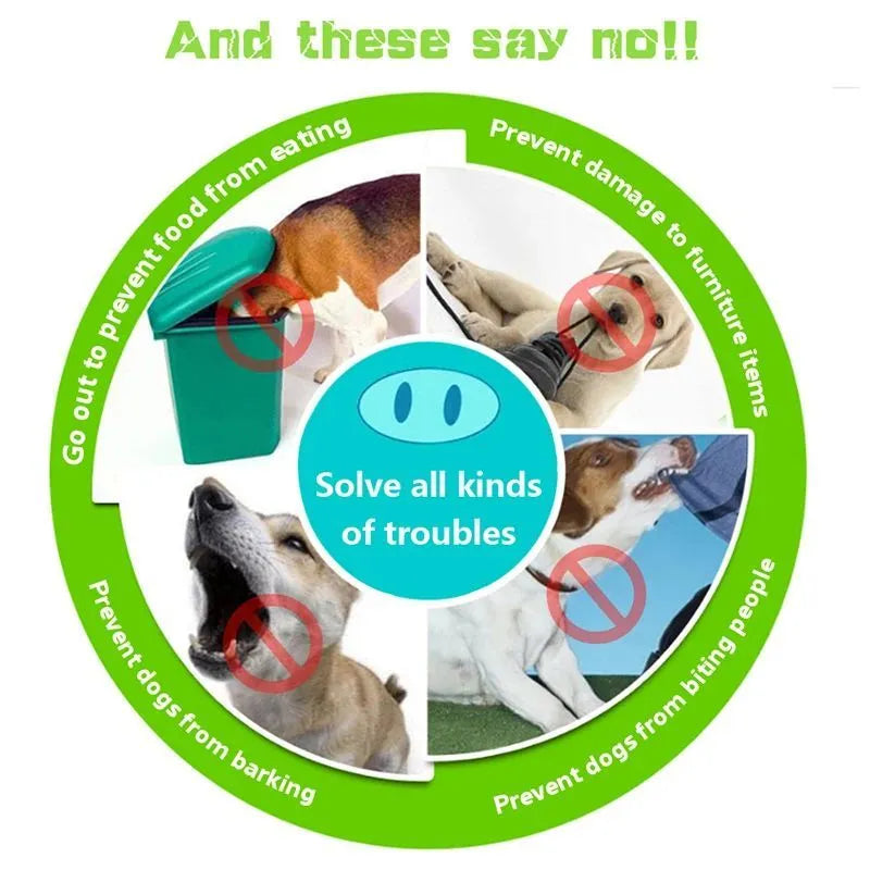 Blue and green silicone dog muzzle covers shown in small and large sizes for anti-bite training.