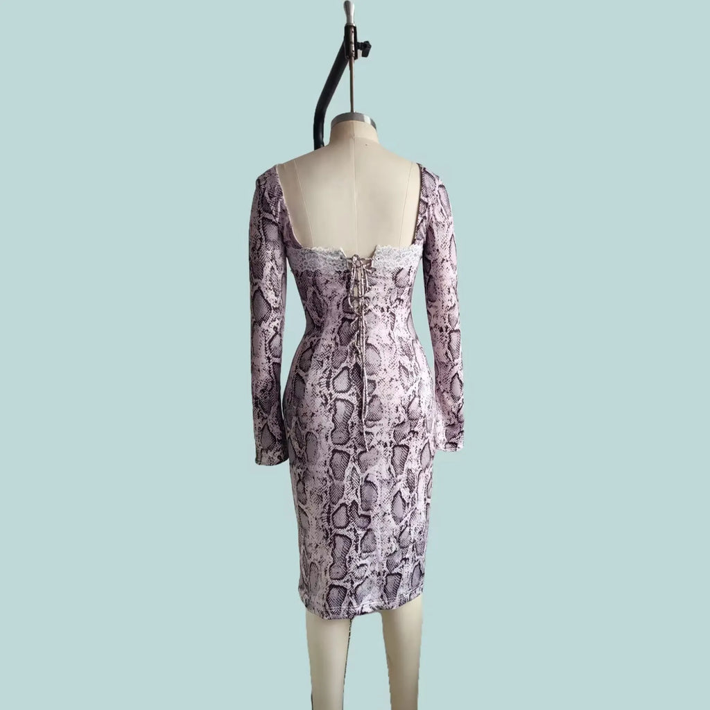 Grey women's slim fit lace dress with digital 3D print pattern and A-line skirt