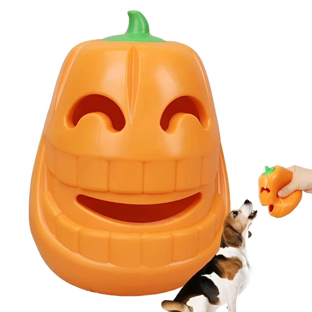 Yellow pumpkin shaped dog chew toy for aggressive chewers made from TPR material