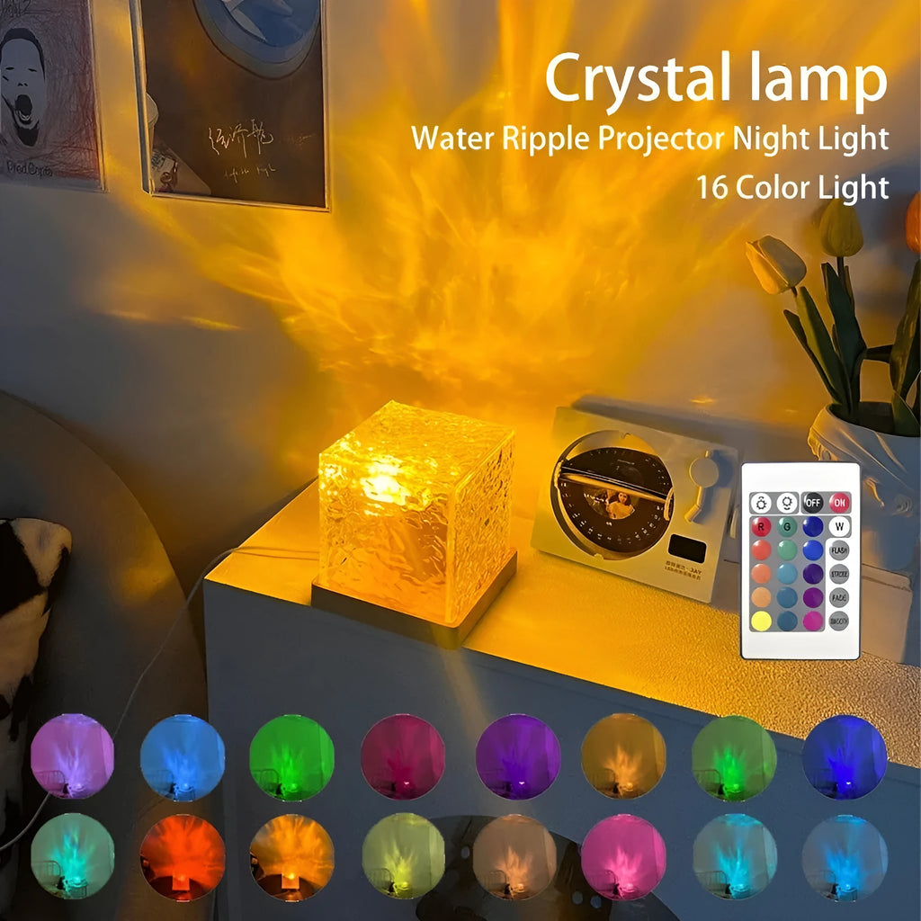 USB-powered crystal table lamp projecting blue water ripple light patterns on a wall