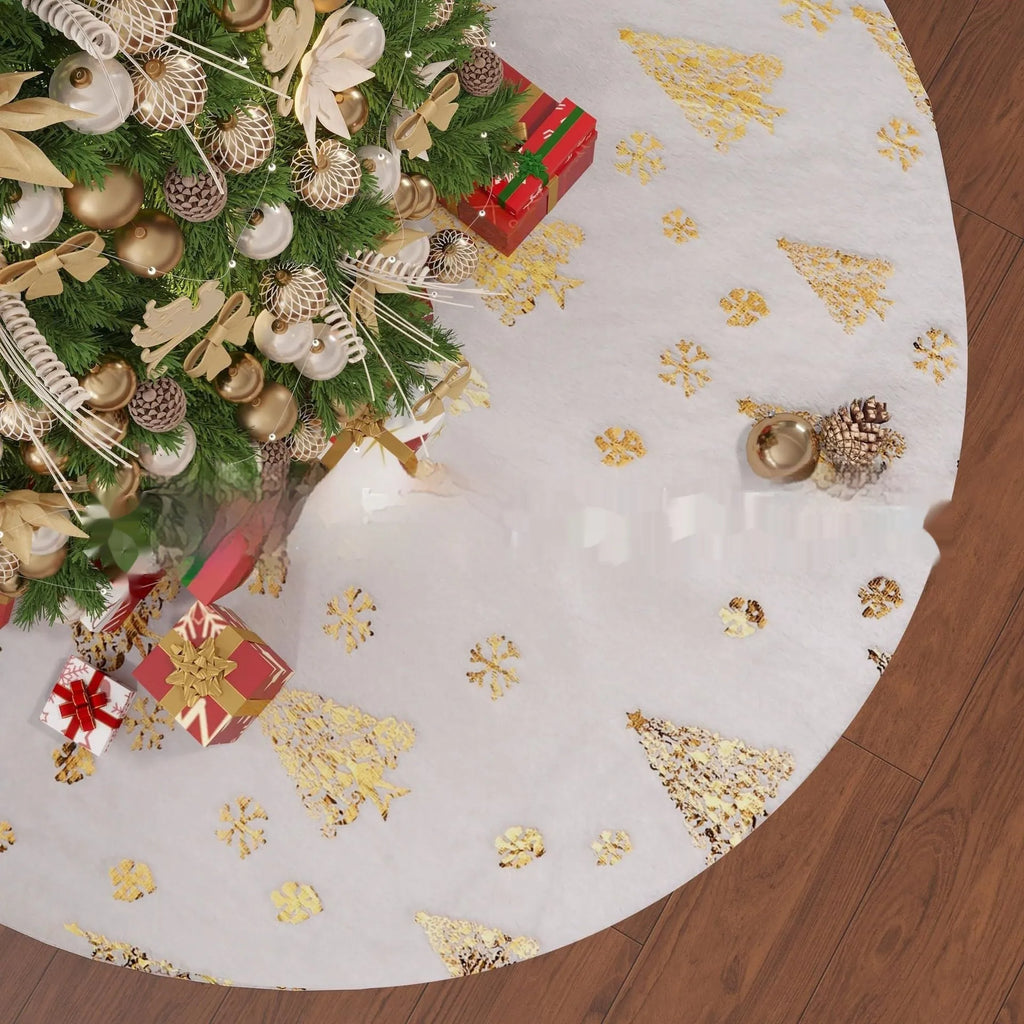 Plush Christmas tree floor mat with gilding snowflake design in one of four sizes.