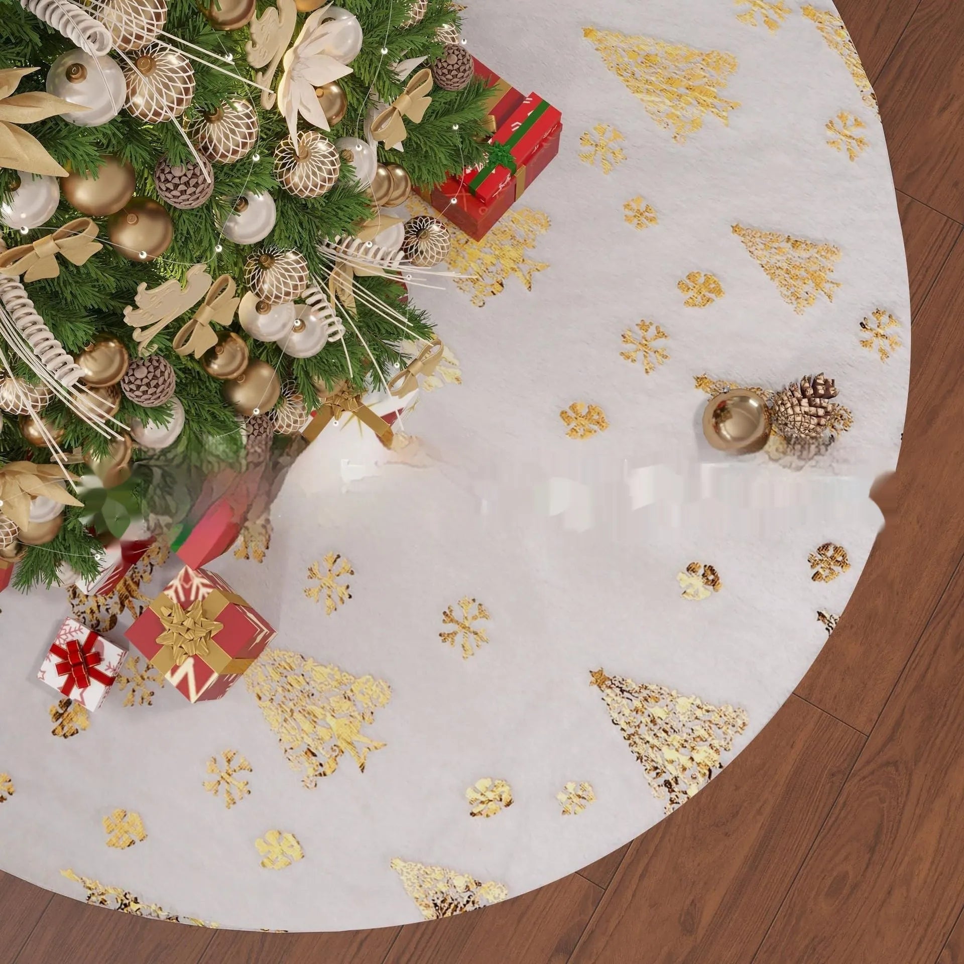 Plush Christmas tree floor mat with gilding snowflake design in one of four sizes.