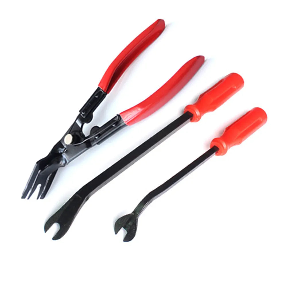 Red-handled steel automotive panel removal pliers for General Motors door clips.
