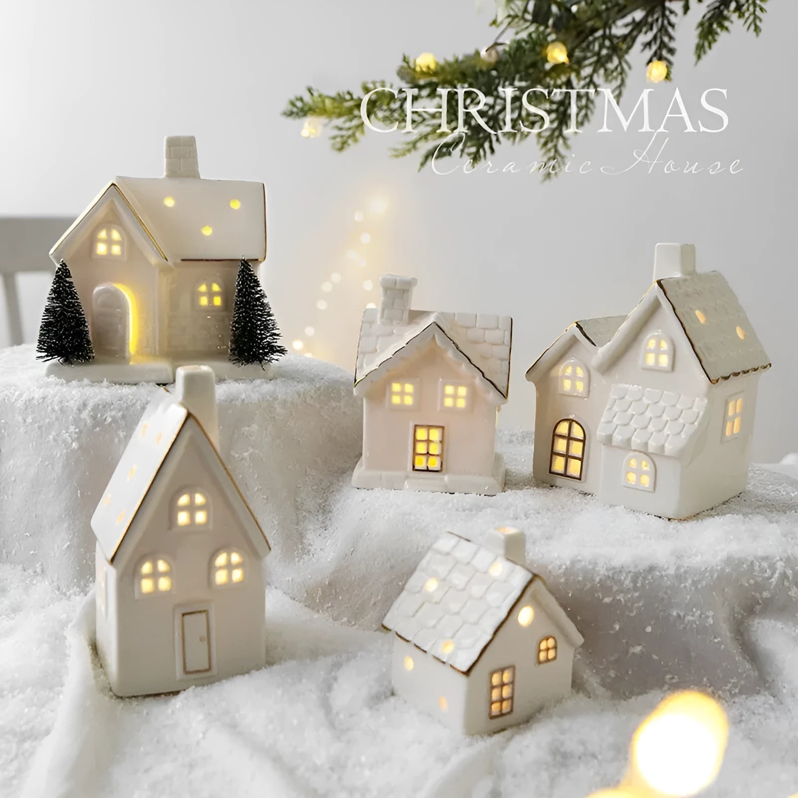 Ceramic Christmas tree house ornament in European style villa design with open door