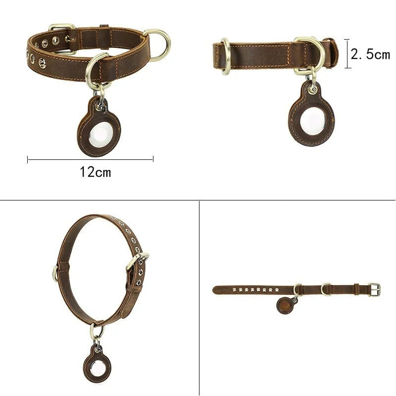 Brown handmade double-sided cowhide dog collar with retro styling for positioning and anti-lost tracking